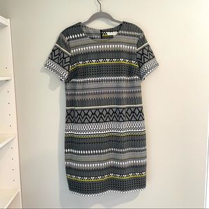 TRINA TURK GEOMETRIC PATTERN PRINT SHORT SLEEVE ROUND NECK SHIFT DRESS XL GREEN